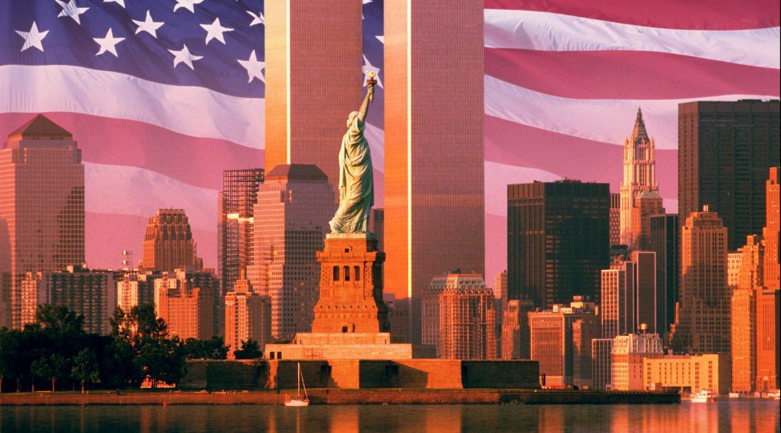 NYC with an American Flag background with the Twin Towers and the Statue of Liberty