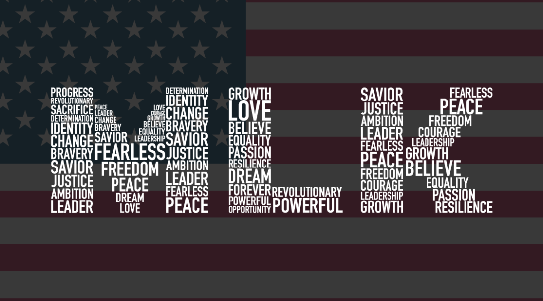 An American Flag in the background, with white text of words making up the initials "MLK"