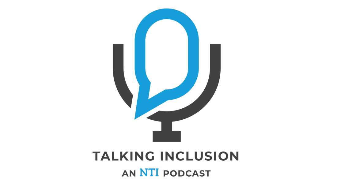 Podcast Icon with a chat bubble in blue and black with the text "Talking Inclusion, an NTI podcast"